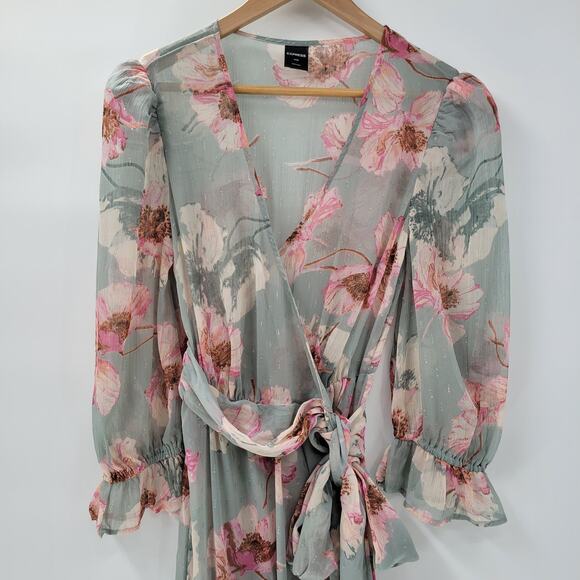 Express Wrap Dress Womens S/M Green Floral Watercolor Sheer Tiered Long Maxi - Picture 5 of 16